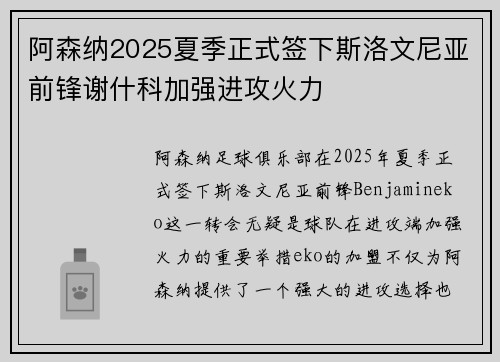 阿森纳2025夏季正式签下斯洛文尼亚前锋谢什科加强进攻火力